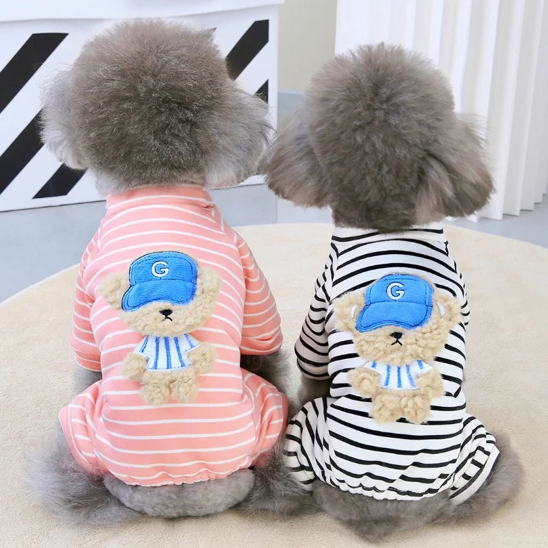 Striped Dog Pajamas – Autumn Jumpsuit with Bear Print