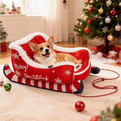 Christmas Plush Pet Bed - Sled Design Winter Warming Bed for Dogs