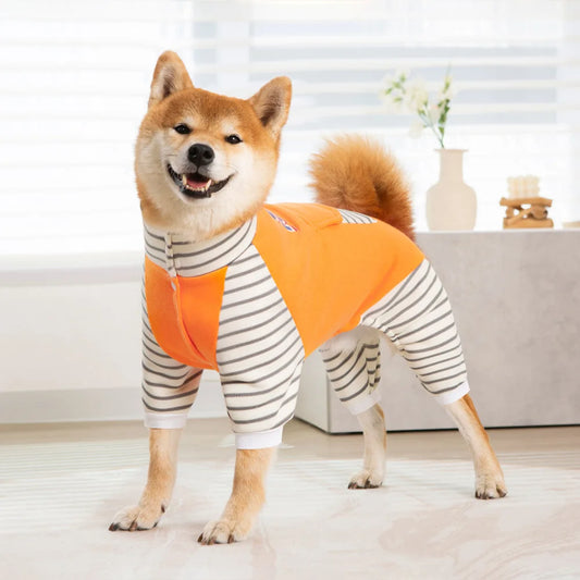 Stripe Turtleneck Dog Pajamas – Warm Plush Jumpsuit for Large Dogs