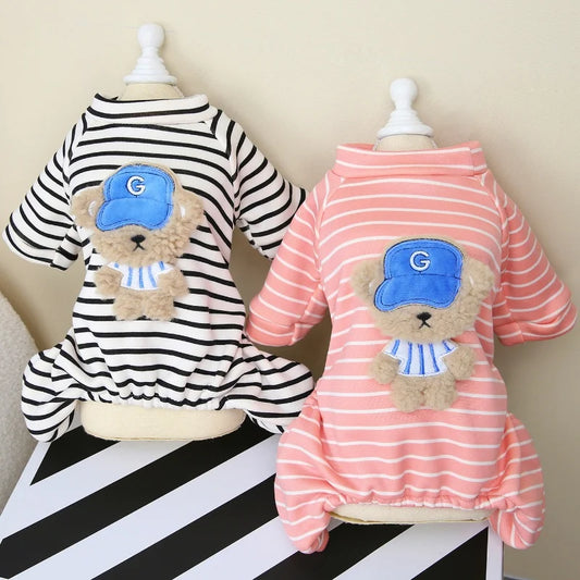 Striped Dog Pajamas – Autumn Jumpsuit with Bear Print