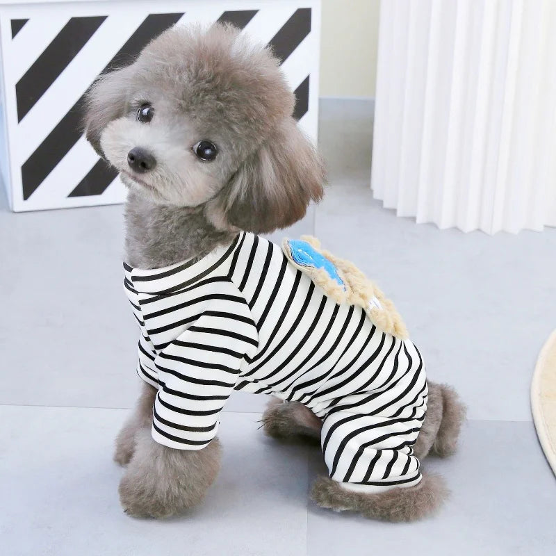 Striped Dog Pajamas – Autumn Jumpsuit with Bear Print