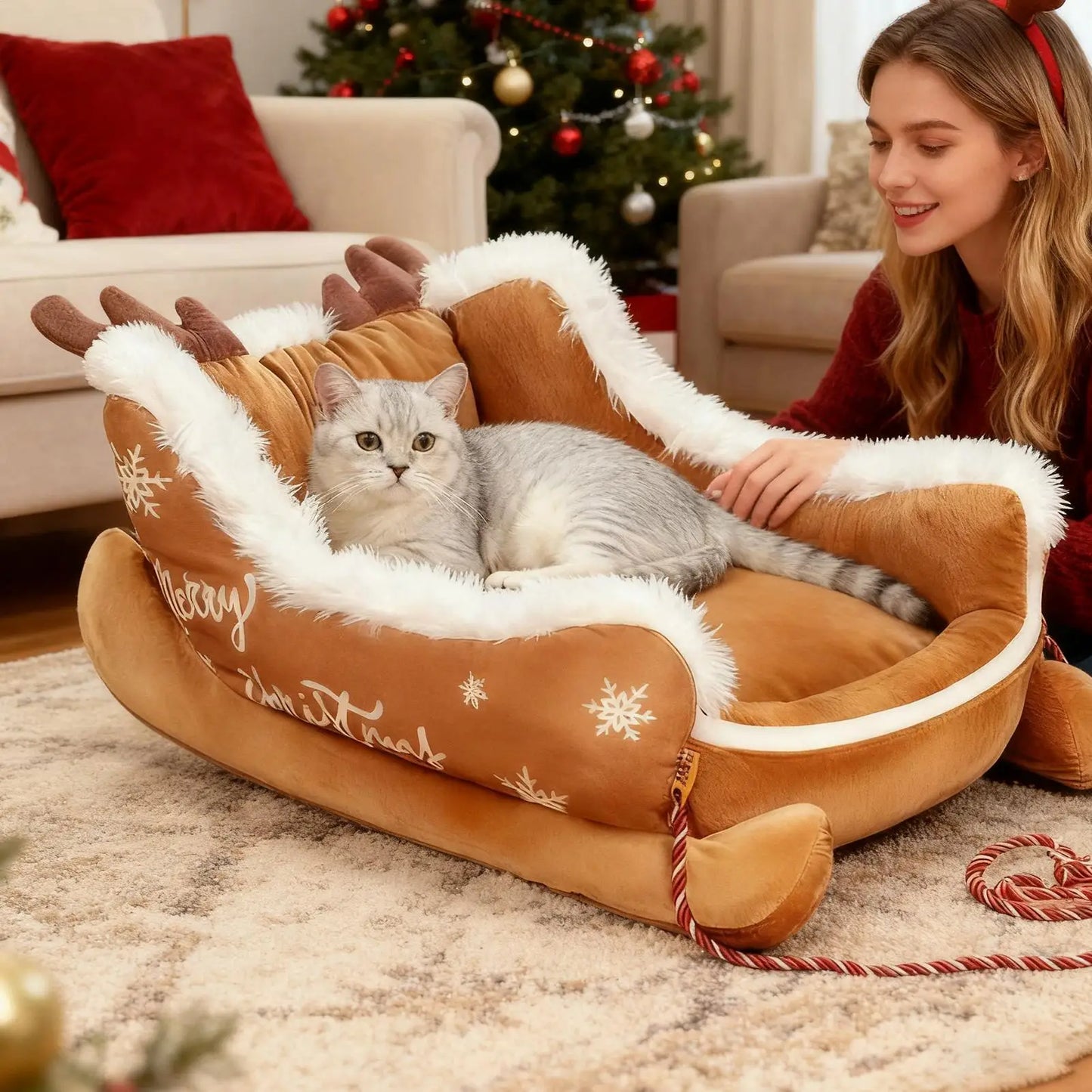 Christmas Plush Bed - Sled Design Winter Warming Bed for Dogs