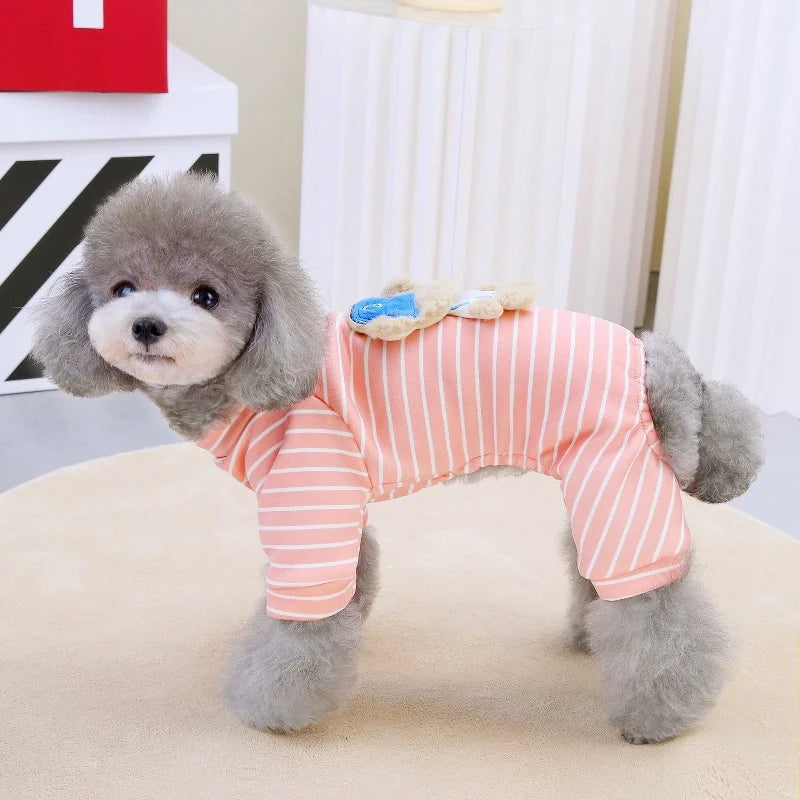 Striped Dog Pajamas – Autumn Jumpsuit with Bear Print