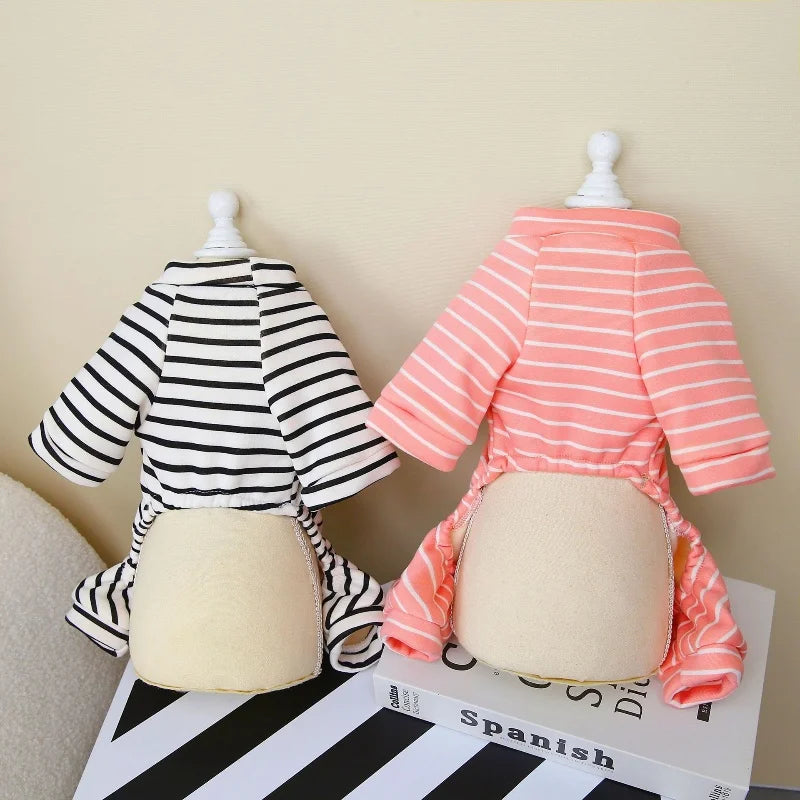 Striped Dog Pajamas – Autumn Jumpsuit with Bear Print
