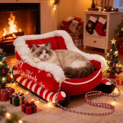 Christmas Plush Pet Bed - Sled Design Winter Warming Bed for Dogs